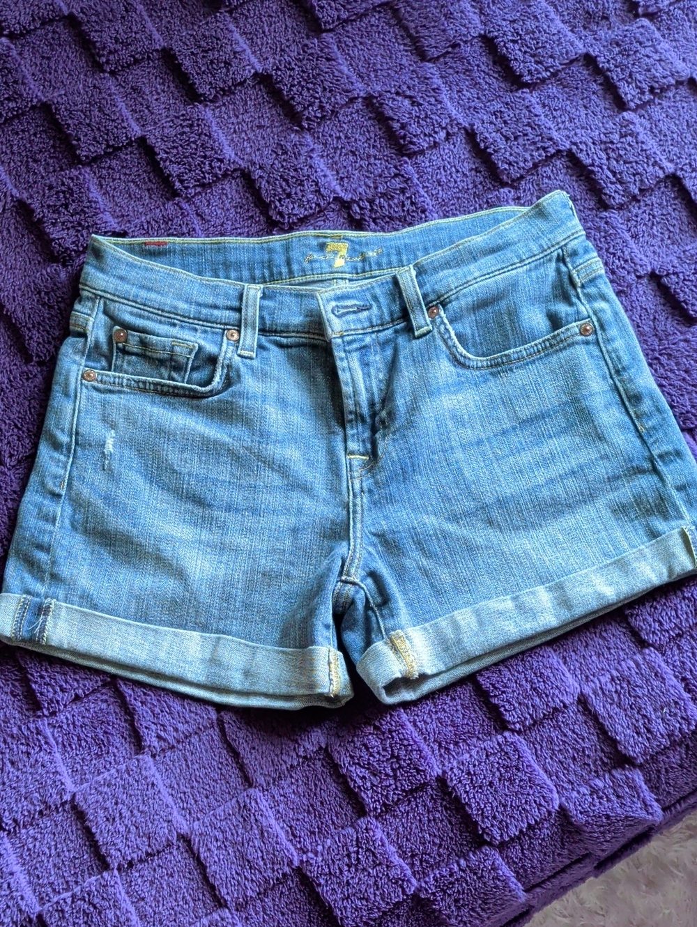 7 For All Mankind Light Blue Rolled-Hem Denim Shorts